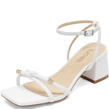 Imagem de SLXCHBSL Sandália feminina salto bloco bico quadrado design nó fivela no tornozelo elegante bico aberto salto baixo 5 cm sandálias para festa de casamento, Branco, 40