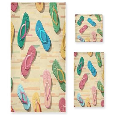 Imagem de xigua Conjunto de toalhas de banheiro coloridas com padrão de chinelos absorventes macios 3 peças toalha de banho toalha de mão toalhas decorativas para banheiro, academia, hotel, praia, piscina