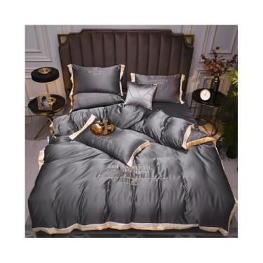 Imagem de Conjunto de cama King Queen de cetim de luxo, cor pura, 4 peças, capa de edredom de rayon sedoso macio com zíper (cinza, tamanho Queen, 4 peças)