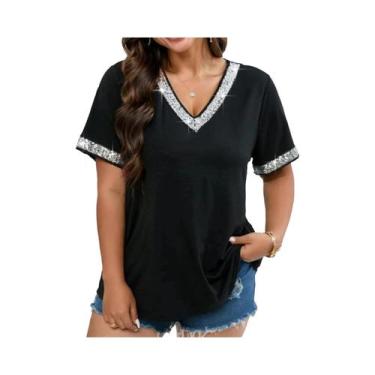 Imagem de Camisetas femininas casuais plus size Europa e América com decote em V