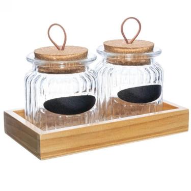 Imagem de Conjunto 2 Porta Temperos Vidro 260ml Bandeja Madeira Lyor Pote para Grãos Condimentos