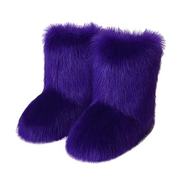 Imagem de TangDao Botas coloridas de pele sintética para mulheres, felpudo, felpudo, bico redondo, camurça, inverno, confortável, pelúcia, quente, curto, botas de neve, botas de cano médio para ambientes externos e internos, Roxa, 10.5