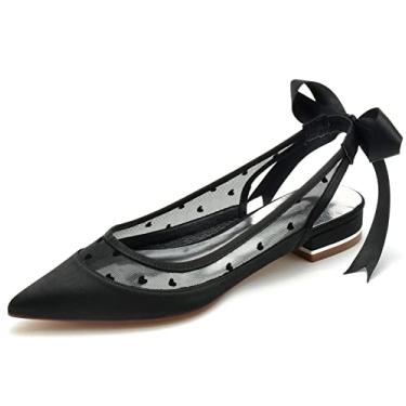 Imagem de Sapatos de casamento feminino para noiva sapatilhas sapatilhas bico fino de cetim sapatos sociais 36-43,Black,10 UK/43 EU