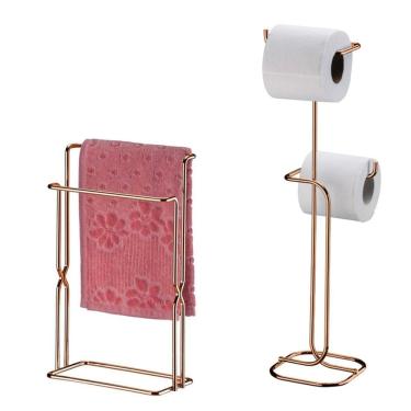 Imagem de Kit Banheiro Suporte Papel Higiênico + Porta Toalha Rosto Pia Rosé Gold - Future