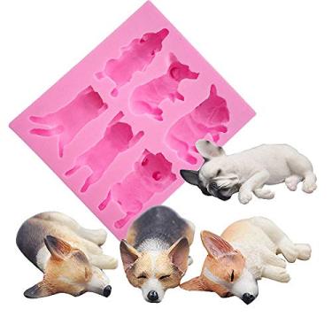Imagem de Fewo Molde de silicone para cachorro dormindo com 6 cavidades Corgi e buldogue francês para fondant chocolate, doces, pasta de goma de polímero, resina, cozinha, assar, açúcar, artesanato, bolo, ferramentas de decoração ()