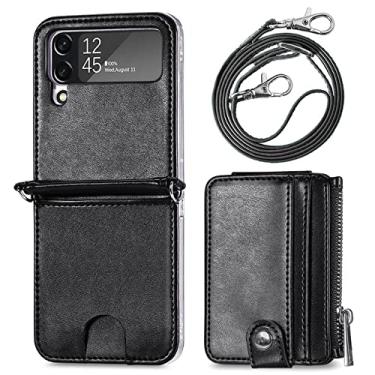 Imagem de Carteira retro PU slot para cartão de couro crossbody colar de corrente capas para samsung galaxy z flip 4 zflip 4 zflip4 capa, preta, para samsung z flip 4