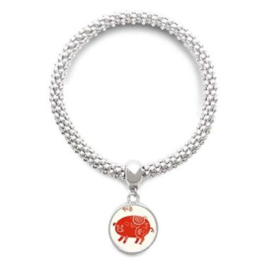 Imagem de DIYthinker Pulseira de prata vermelha com pingente do signo da China, ano de porco, animal da China, corrente ajustável