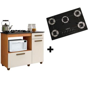 Imagem de Kit Balcão Violeta Nature Off White Mais Fogão Cooktop Ultra Chama 5 Bocas Chamalux
