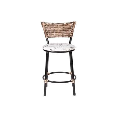 Imagem de Banqueta Baixa Moderna Multiuso Sua Casa Top Cozinha Americana Aço Balcão Area Gourmet Banco Encosto Juncado Estrutura Branca (Junco Cappuccino Mesclado, Floral Branco)