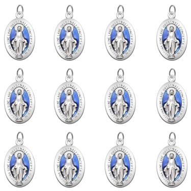 Imagem de 50 peças de liga oval azul religiosa esmalte medalha milagrosa de la virgen Maria pingente católico pequeno para adultos faça você mesmo colar pulseira fabricação de joias, Zinco, Sem Pedra Preciosa