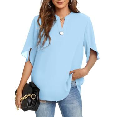 Imagem de Funlingo Tops femininos de verão camisas casuais de manga curta gola V chiffon blusa elegante tops, 02 azul-celeste, 4G
