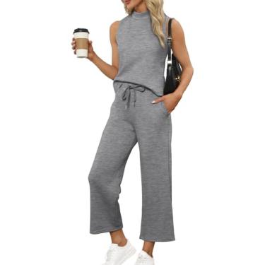 Imagem de SAMPEEL Conjunto de duas peças para mulheres, roupas de verão, gola redonda, calça cropped de perna larga, roupas de viagem para férias, B - Cinza, XX-Large