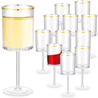 Imagem de Yaomiao Pacote com 12 taças de vinho descartáveis de plástico transparente com haste de 283 g taças de vinho reutilizáveis com borda dourada para festa de aniversário de casamento, festa de