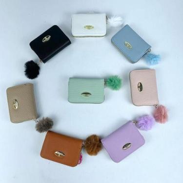 Imagem de Carteira Feminina Porta Cartão De Crédito Com Chaveiro Pompom Em Pelúc