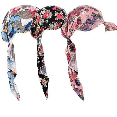 Imagem de DINPREY Cachecóis de cabeça longos pré-amarrados para mulheres, bandana turbante, quimioterapia, câncer, lenço de cabeça para mulheres, 3 peças, flor-f, tamanho �nico