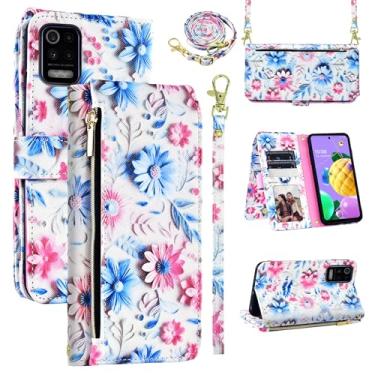 Imagem de Dswteny Capa carteira para LG K52/K62/K42/K53/Q52 com alça de ombro, 9+ compartimentos para cartões, bolsa com zíper, suporte de couro floral, suporte de cartão, capa para celular K 52 42 62 5G 4G LTE