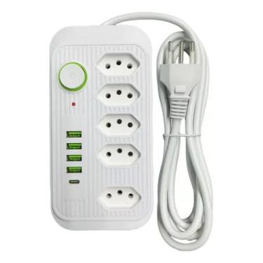 Imagem de Extensão de 5 tomadas 4 usb + usb tipo-c 2 metros - kapbom
