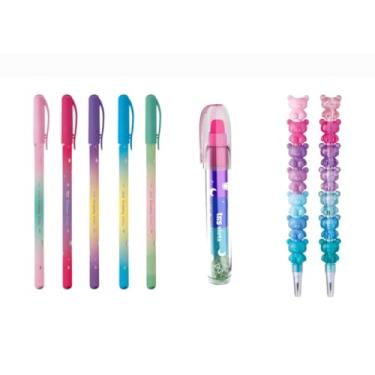 Imagem de Kit de Canetas Coloridas, borracha troca a ponta e lapiseira troca a ponta ursinho