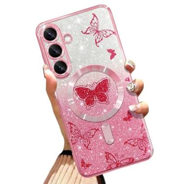 Imagem de AIGOMARA Capa de telefone feita para Plus [compatível com carregamento sem fio] Design de borboleta TPU macio Glitter Bling Capa à prova de choque anti-arranhões para mulheres - Rosa
