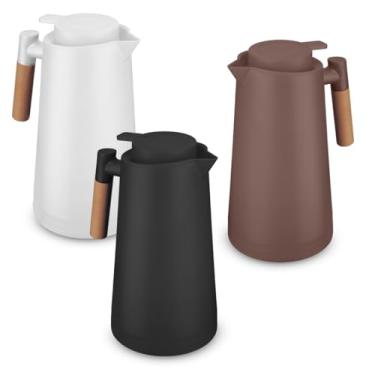 Imagem de Garrafa Térmica de Café 1 Litro com Parede Dupla e Ampola de Vidro, Alça de Madeira e Tampa Rosqueável com Anel de Silicone Para Sistema de Vedação, Com Sistema Corta-Pingo UTIMAIS+ (Preto)