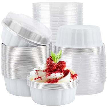 Imagem de EUSOAR Forros de muffin para assar, 50 peças de ramequins de folha branca de 255 g, copos de alumínio para deserto com tampas, pudim de pão, descartáveis, creme, brulee, ramequins, suportes redondos