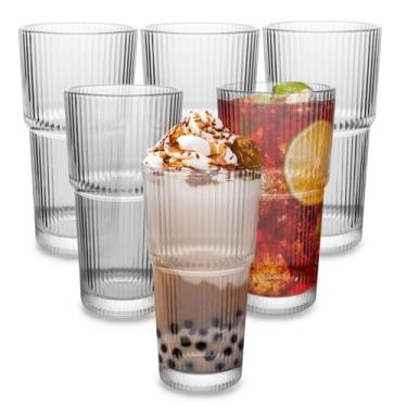 Imagem de CHPINDAM Copos para beber, vidro canelado de 540 ml, pacote com 6 copos à moda antiga, vidro espesso para cafés gelados, vitaminas, coquetéis e sucos, perfeitos para famílias e festas (6)