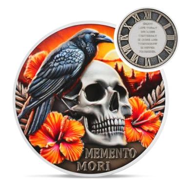 Imagem de Sunset Raven Memento Mori Coin - EDC Hibiscus Skull Stoic Challenge Coin - Cool Amor Fati Momento Mori Token para prática estoica diária - Presente inspirador de estoicismo para homens e mulheres