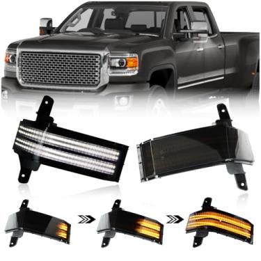 Imagem de KEEGTBOX Luz espelhada lateral sequencial fumê Switchback luzes brancas de estacionamento e circulação diurna para Silverado e Sierra 1500 2500HD 3500HD 3500HD 2014-2019 Conjunto indicador pisca-pisca