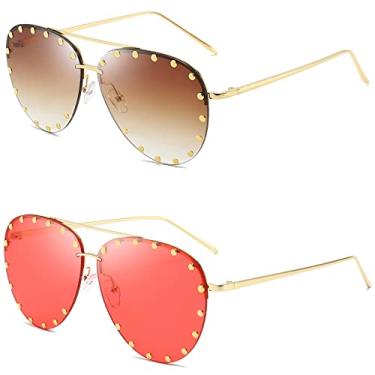 Imagem de Dollger Óculos de sol cravejados femininos modernos aviador armação de metal UV 400, A12: 2 pacotes - chá gradiente + lente vermelha transparente, Suitable for all face shapes