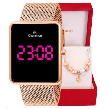 Imagem de Relógio Feminino Champion Digital Quadrado Rosé CH40083H Led Rosa + Pu