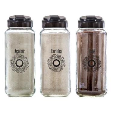 Imagem de Kit Potes De Vidro 550ml 3Pç Para (Açúcar/Café/Farinha) Com Tampa Polv