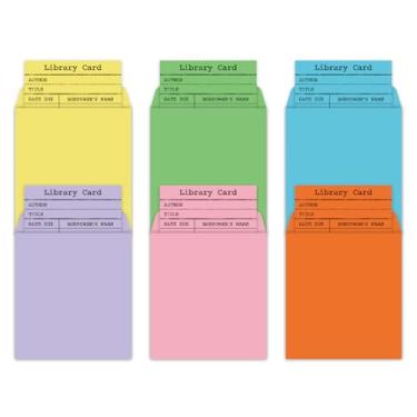 Imagem de FYSUIMU 120 unidades de bolsos para biblioteca e cartões de check-out, 6 cores, cartões de notas para data de vencimento, envelopes autoadesivos coloridos para sala de aula, escritório, material de