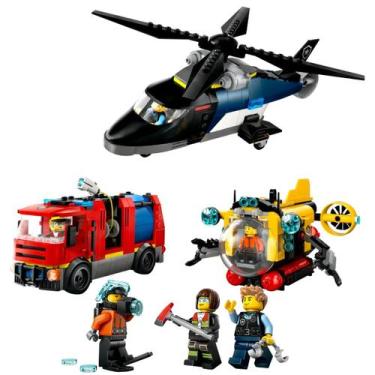 Imagem de Brinquedo De Construção Helicóptero Caminhão De Bombeiros e Submarino 