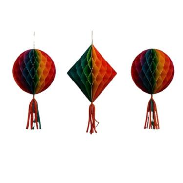 Imagem de Kit Completo Balões e Bandeirinhas Decoração Festa Junina Balão Colmeia Redondo, Colmeia e Lanterna (C/ 50mts Bandeirinha PLÁSTICO,2un. REDONDO + 1un. LOSANGO)