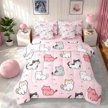 Imagem de Jogo de cama solteiro com desenho de gato fofo de animais de estimação, edredom kawaii para crianças, meninos, meninas, lençol com elástico, lençol de cima, fronhas e fronhas, rosa