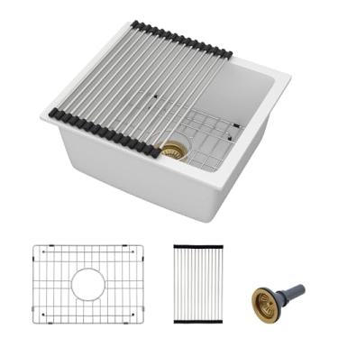 Imagem de Fulorni Pia de preparação de barra de montagem inferior de 45,7 x 40,6 cm – Lavatório de lavatório de quartzo composto de granito branco clássico sob balcão para bar molhado, trailer, cozinha pequena