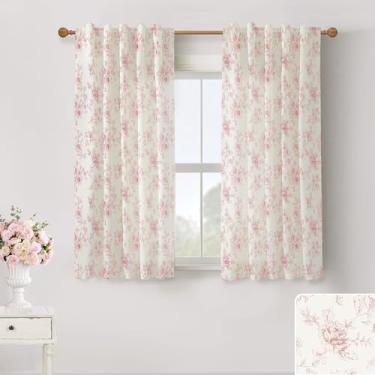 Imagem de Cortinas curtas transparentes para janela de cozinha sobre a pia, estampa floral rosa de linho vintage para banheiro 113 cm de comprimento, conjunto de 2 painéis