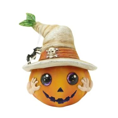 Imagem de oshhni Decoração de estátua de abóbora de Halloween em resina, acessório fofo de jardim, estatuetas de abóbora, escultura para quintal, gramado, lago,