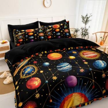 Imagem de Bedorm Jogo de cama Queen com estampa universo, galáxia, preto, celestial, sol, lua, estrelas, espaço sideral, laranja, azul, boêmio, em uma bolsa com edredom e conjunto de lençol