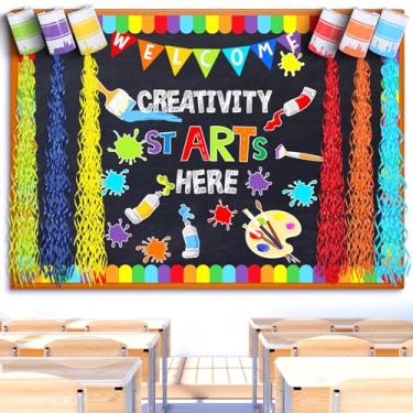 Imagem de Janlaugh Conjunto de 65 peças de decoração de quadro de avisos de arte, arte de sala de aula, decoração de boletim, 3D, colorido, salpicos de tinta, guirlanda de giz de cera, recortes de papel para