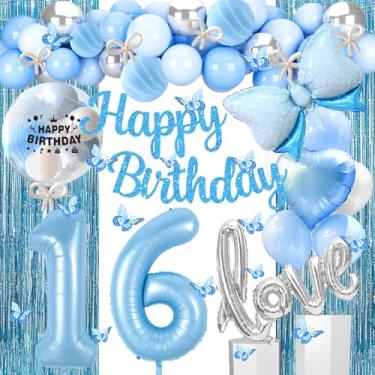 Imagem de Gonngrun Decorações Para Festa De Aniversário 16 Anos Em Azul E Prata Com Faixa Alegre, Balões Amor, Balão Número 16, Guirlanda Borboletas Penduradas, Cortinas Franjas 61