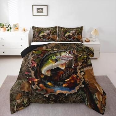 Imagem de Erosebridal Conjunto de cama de solteiro masculino camuflado, peixe, pesca e caça, conjunto de edredom para meninos, peixe, lúcio, adolescentes, adultos, rústico, fazenda, caça, coleções de roupa de