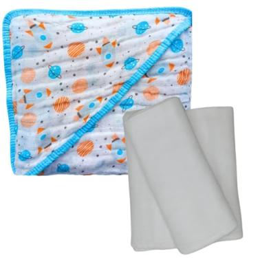 Imagem de Kit Toalha de Banho Bebê Soft com Capuz + 3 Fraldas de Ombro Brancas com Bainha 100% Algodão (Foguete)