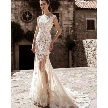 Imagem de Vestidos De Noiva Seção Longa Tamanho Grande Uma Palavra Elegante Lace Tulle Applique Sexy Vestido De Noiva, White, Plus46