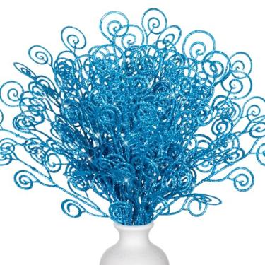 Imagem de Ysleen 50 palhetas e sprays de árvore de Natal com glitter galhos, enfeites artificiais para galhos de 30 cm para decoração de presente de guirlanda de Natal (azul)