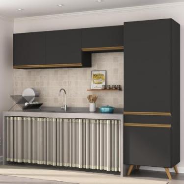 Imagem de Armário Cozinha Modulada Compacta 252cm 3 Peças Retrô Veneza Multimóveis Mp2301 Preto/dourado