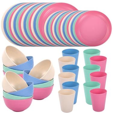 Imagem de LIYH Conjunto de pratos e tigelas de palha de trigo, 48 peças, seguro para lava-louças, inquebráveis, leves, serviço para 12 utensílios de jantar reutilizáveis, conjunto de pratos multicoloridos