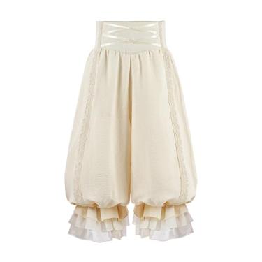 Imagem de LTAKK Calça feminina estilo steampunk com babados, renda e abóbora, bege, 2GG
