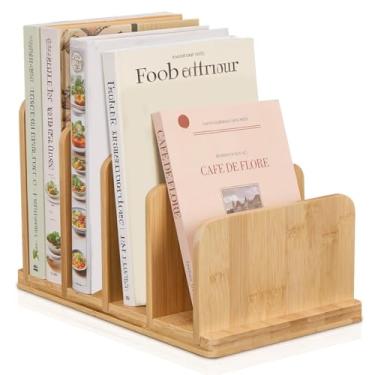 Imagem de Organizador de livros de culinária, suporte de livro de receitas de bambu para balcão de cozinha com 4 compartimentos, suporte resistente para livro de receitas para armazenamento conveniente de