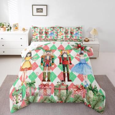 Imagem de jejeloiu Conjunto de edredom de Natal, desenho casal, quebra-nozes, para crianças, meninos, meninas, princesa, desenho animado, soldado, decoração de quarto de microfibra, 3 peças com 2 fronhas